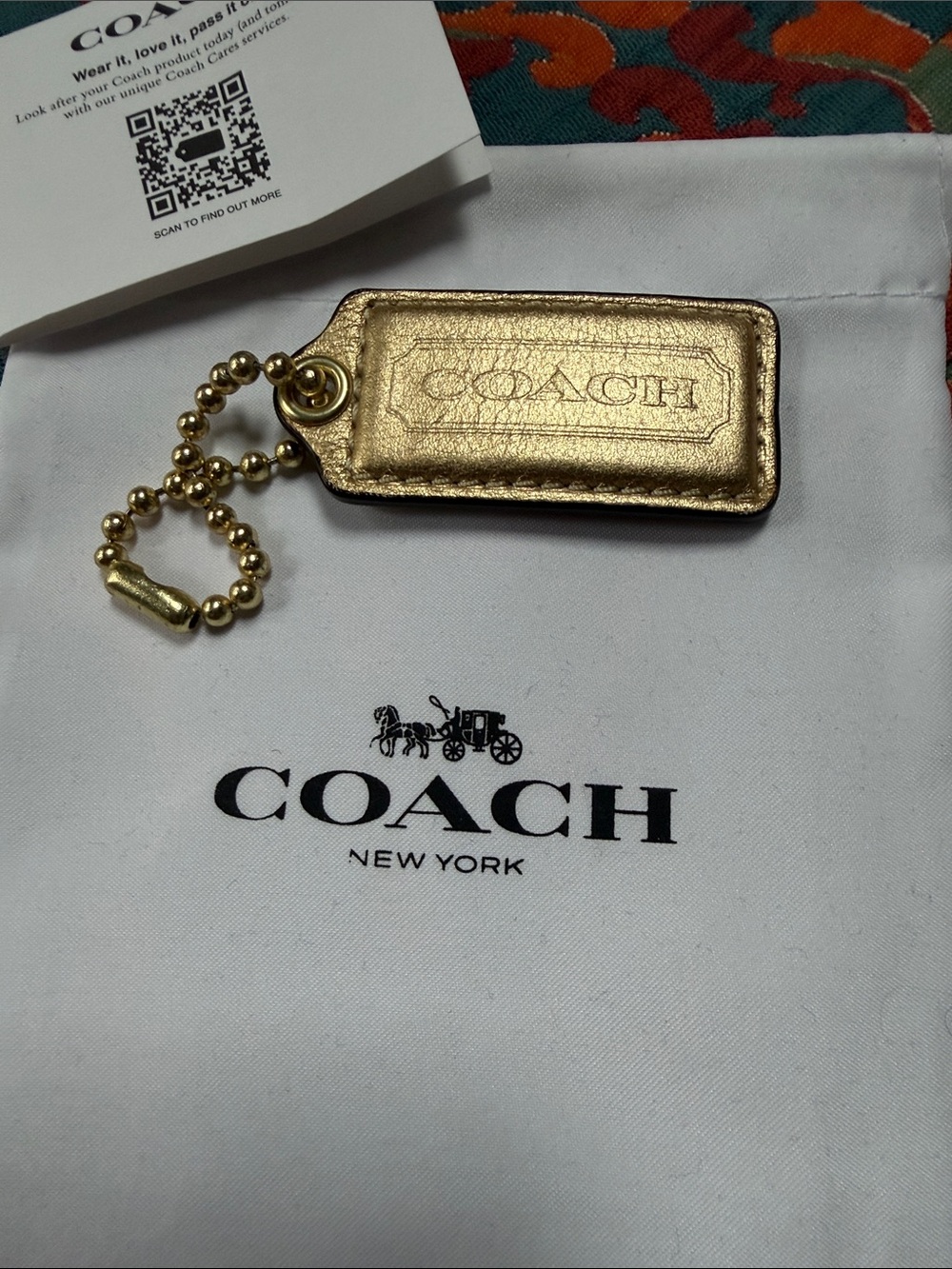 COACH Metallic Gold Leather Key Tag with Ball Chain